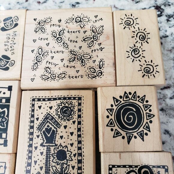 A Stamp In The Hand Co Wood Backed Rubber Stamp Lot Hearts Flowers Coffee Sun - Picture 3 of 10